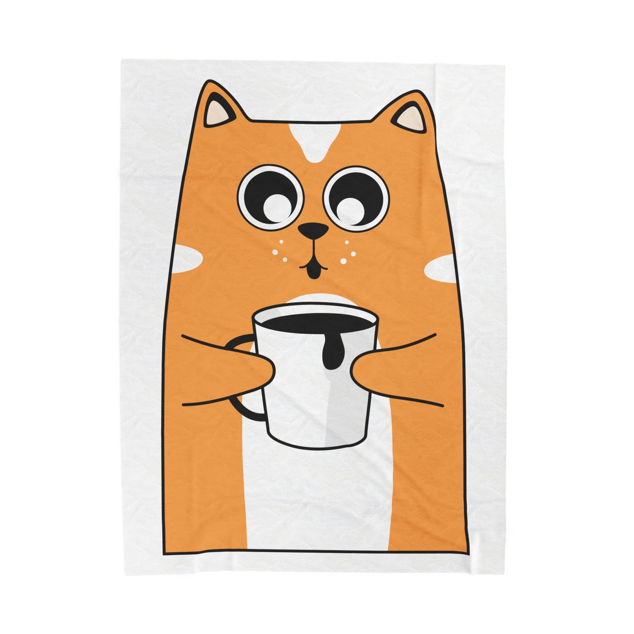 Cute Orange Cat Holding Coffee Velveteen Plush Blanket — Cozy Cartoon Cat Throw