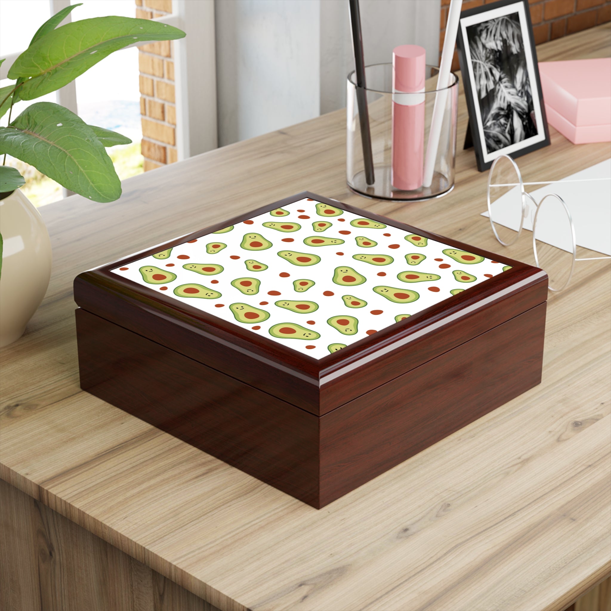 Avocado Pattern Jewelry Box — Cute Avocado Keepsake Box for Desk or Gift