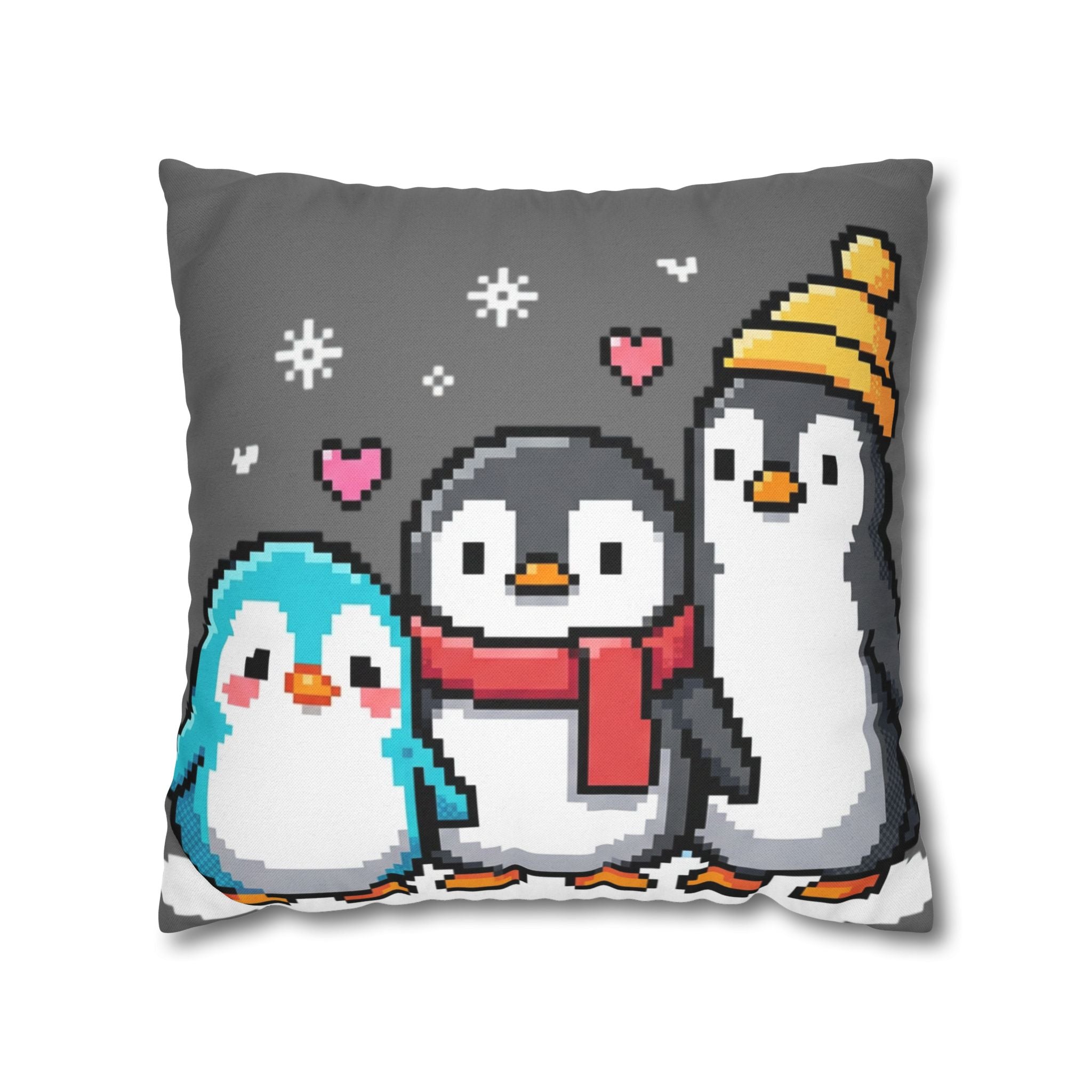 Cute Pixel Penguins Throw Pillow — Winter Holiday Penguin Family Decor