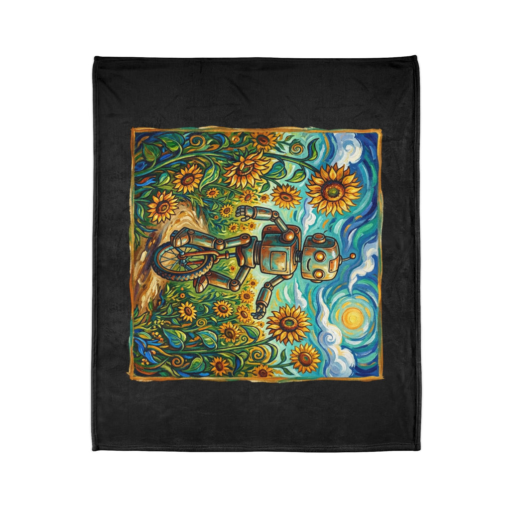 Robot Riding Unicycle Through Sunflowers - Soft Polyester Blanket