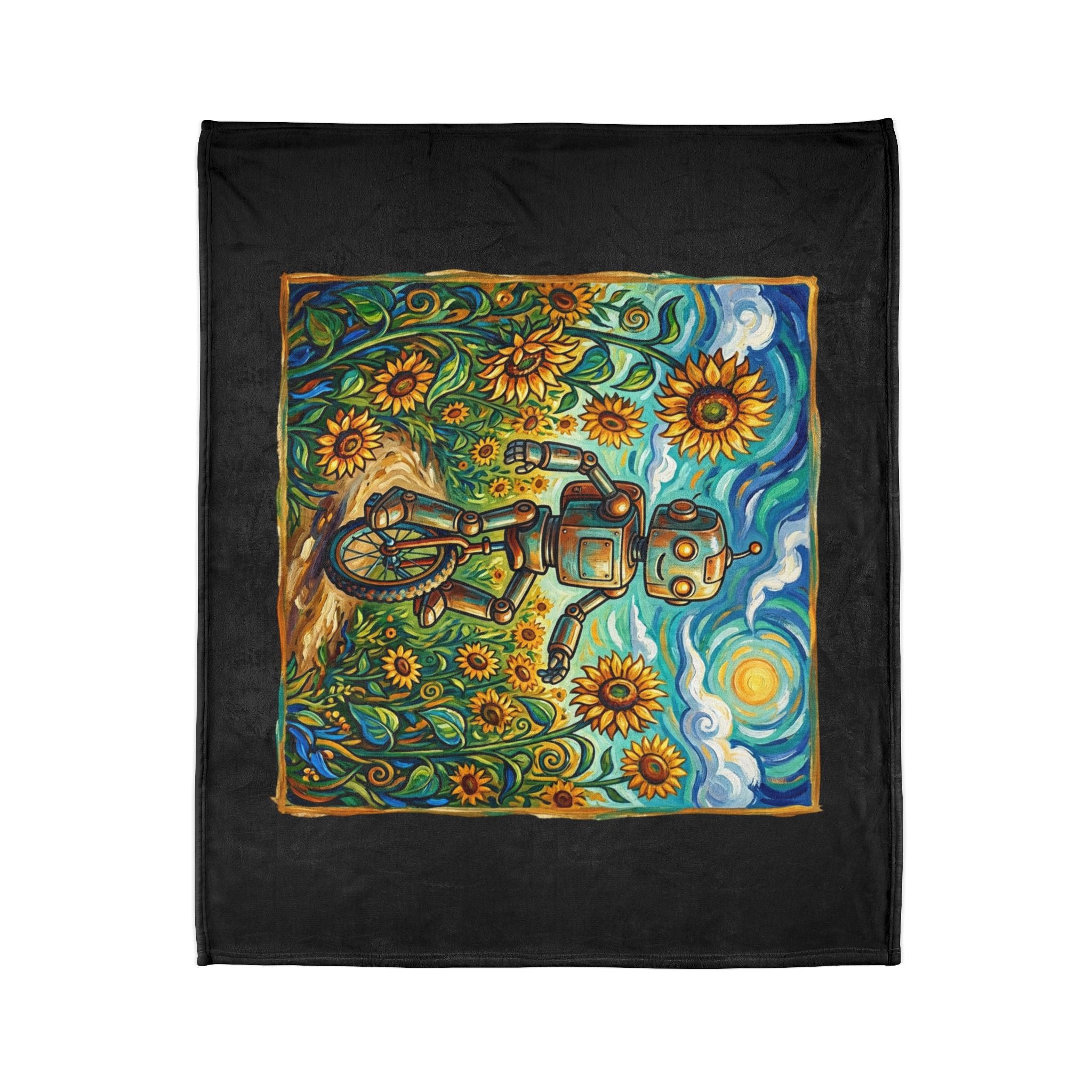 Robot Riding Unicycle Through Sunflowers - Soft Polyester Blanket