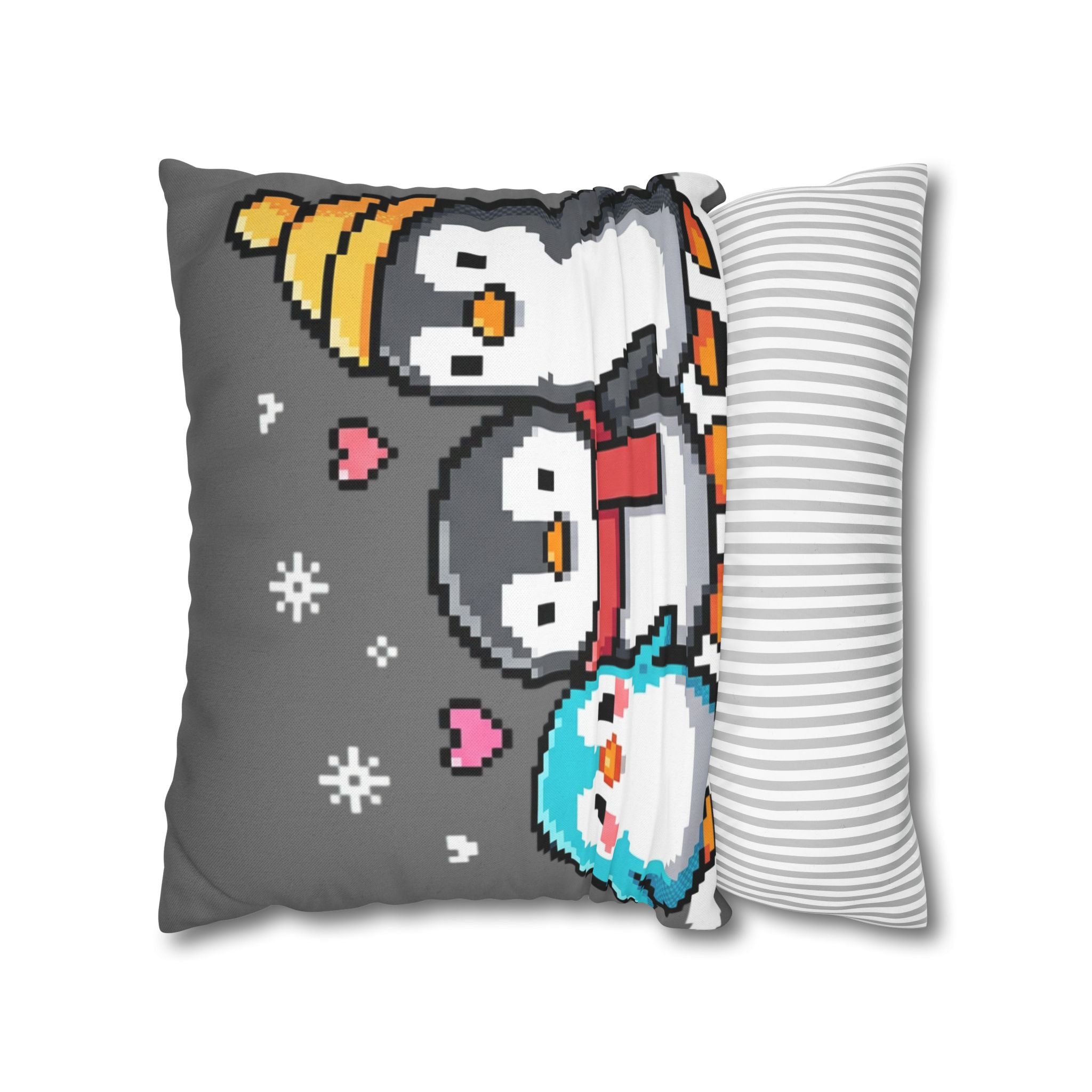 Cute Pixel Penguins Throw Pillow — Winter Holiday Penguin Family Decor