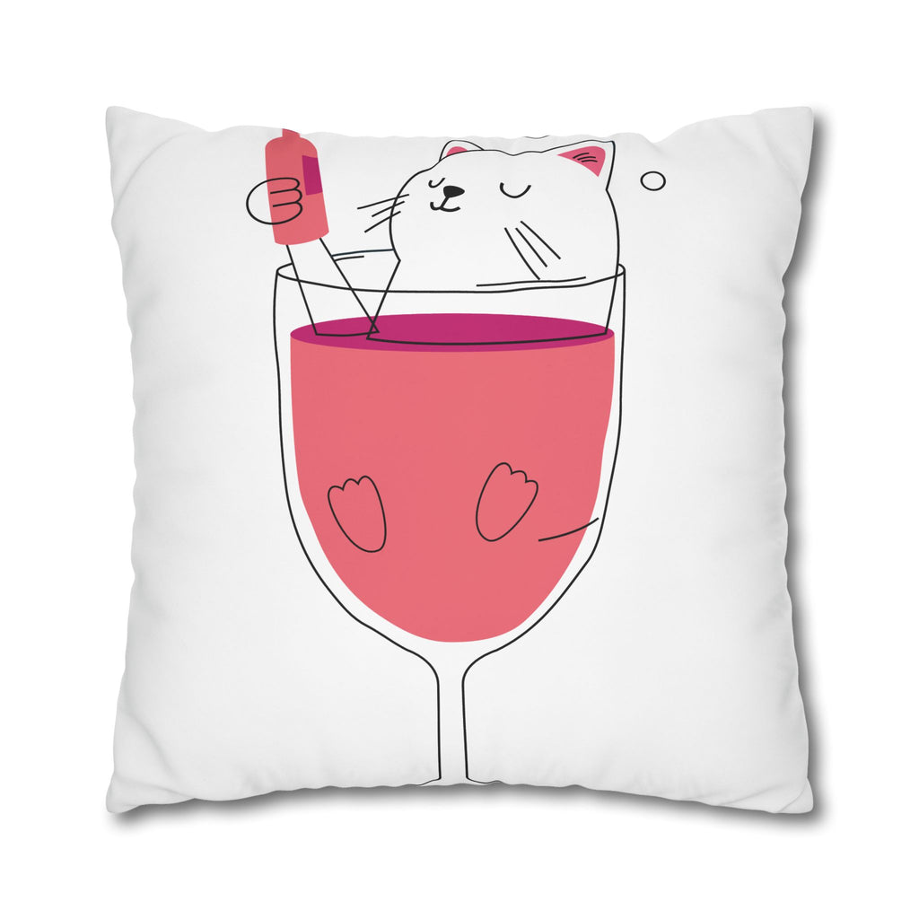 Cat in Wine Glass Square Pillowcase — Cute Kawaii Cat Wine Pillow Cover
