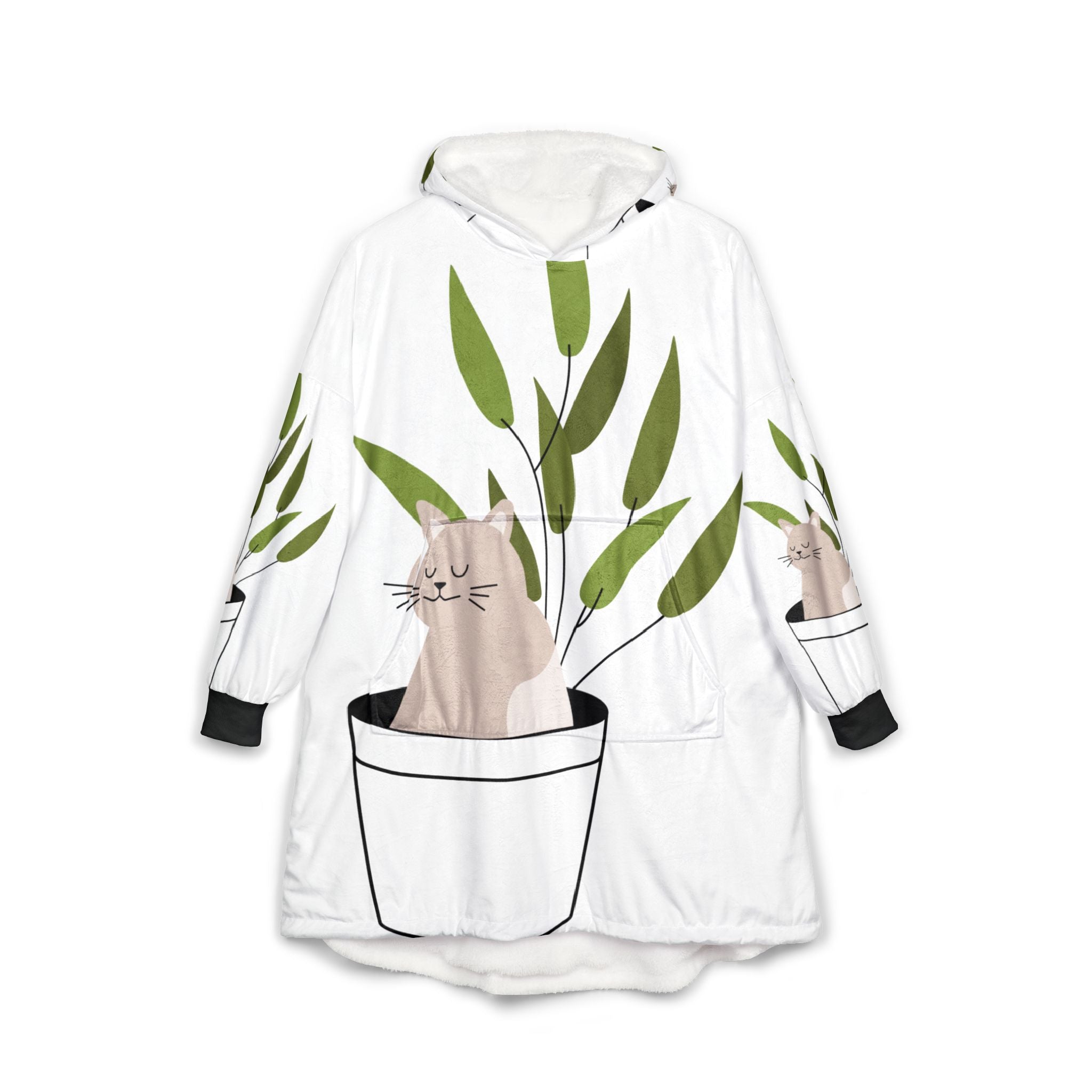 Cat in Plant Pot Hooded Blanket — Cozy Floral Cat Oversized Throw