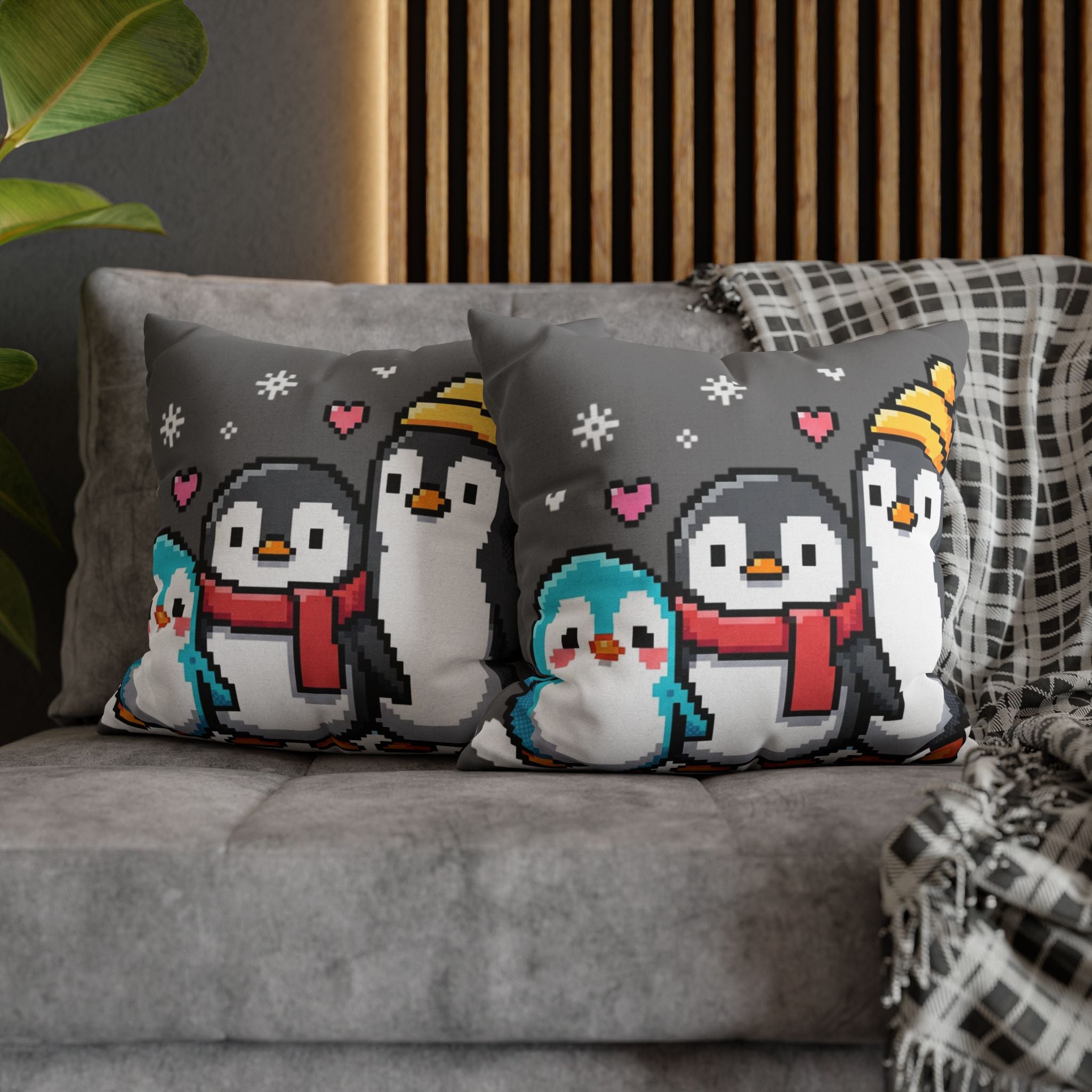 Cute Pixel Penguins Throw Pillow — Winter Holiday Penguin Family Decor