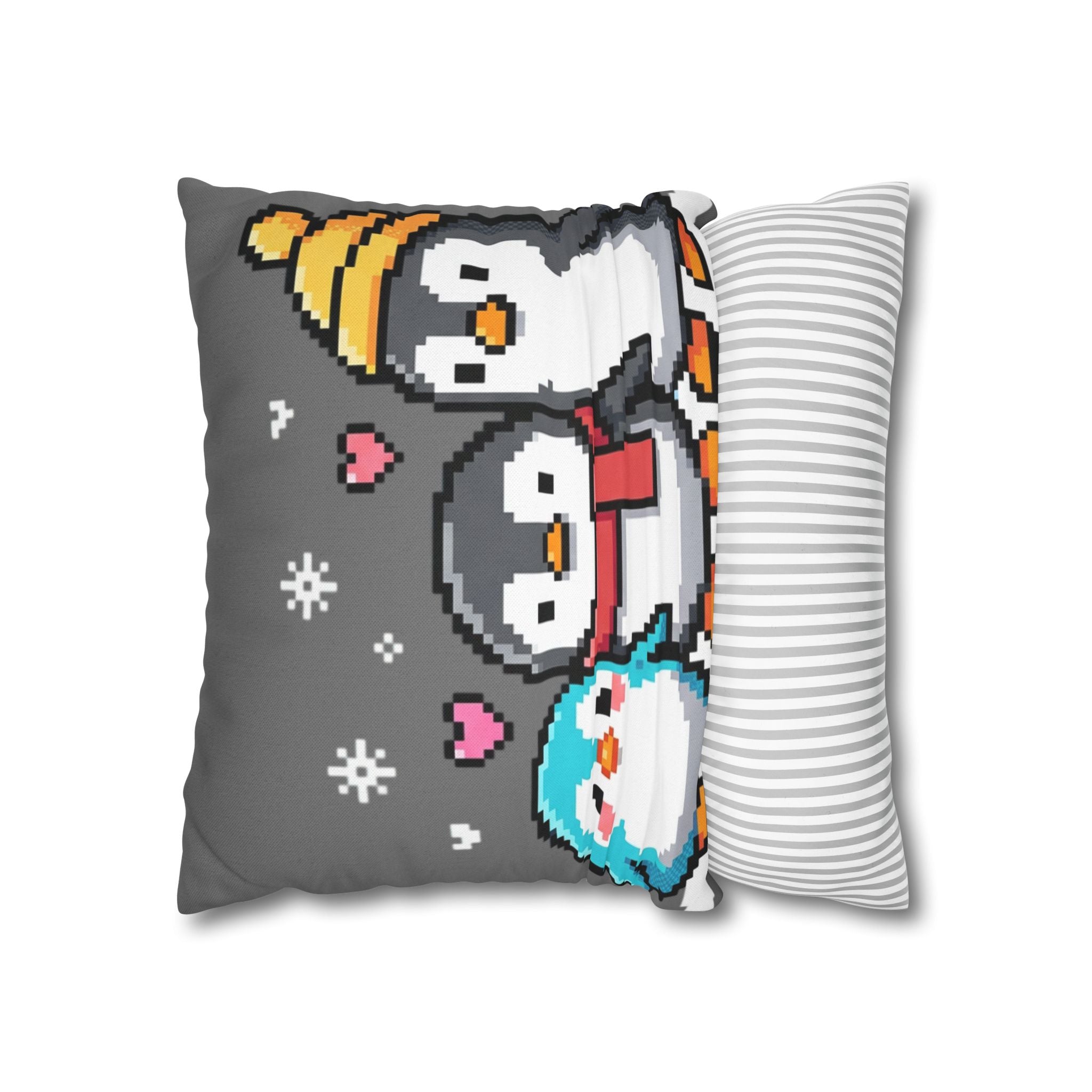 Cute Pixel Penguins Throw Pillow — Winter Holiday Penguin Family Decor
