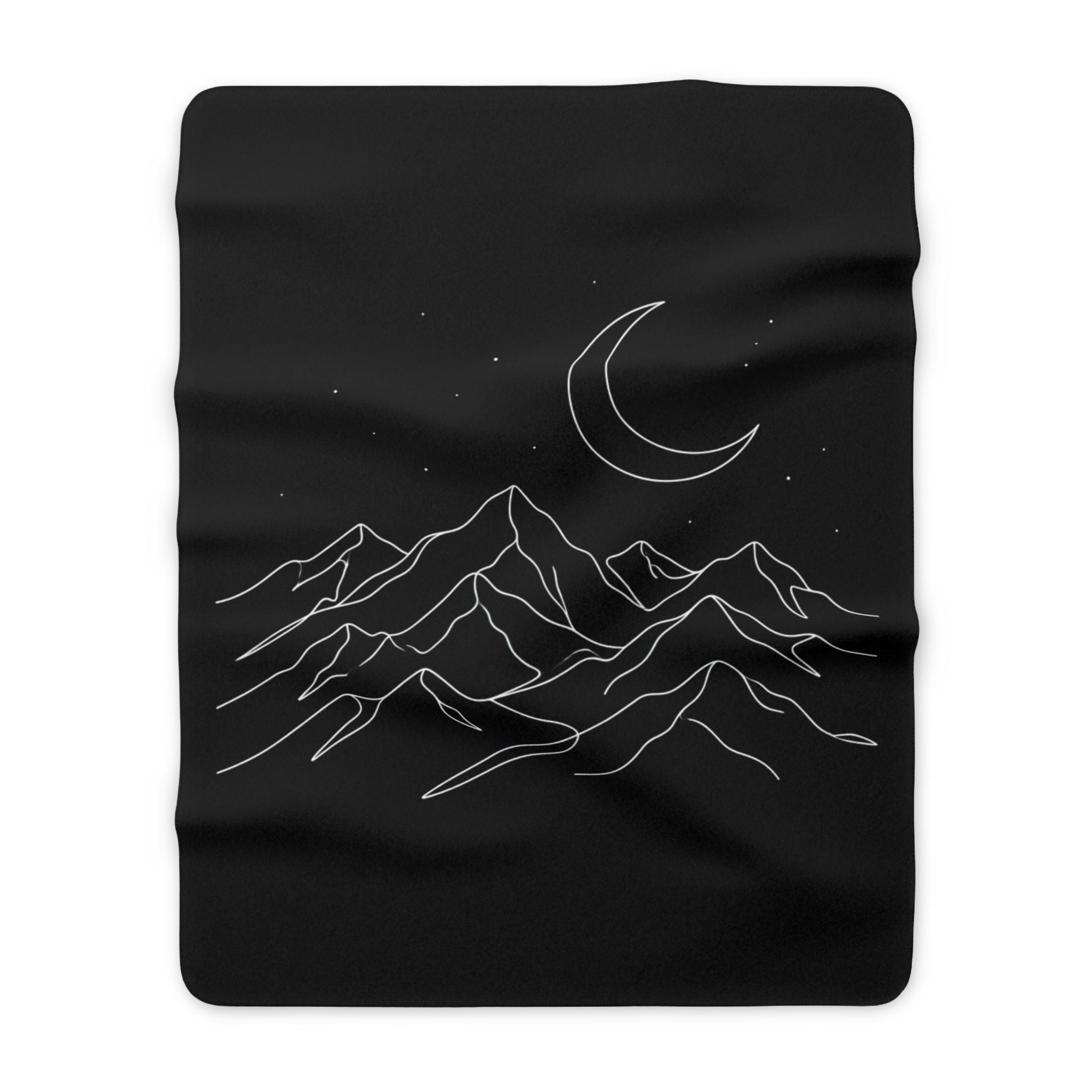 Mountain Moon Sherpa Blanket — Cozy Black Fleece with Crescent Moon & Line-Art Peaks