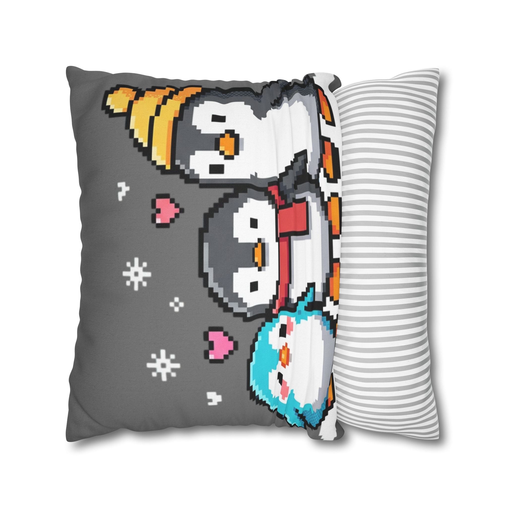 Cute Pixel Penguins Throw Pillow — Winter Holiday Penguin Family Decor