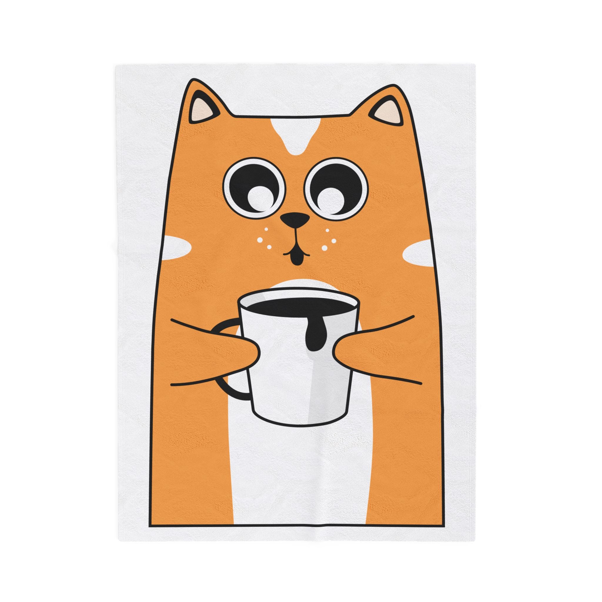 Cute Orange Cat Holding Coffee Velveteen Plush Blanket — Cozy Cartoon Cat Throw