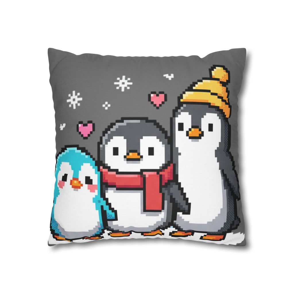Cute Pixel Penguins Throw Pillow — Winter Holiday Penguin Family Decor