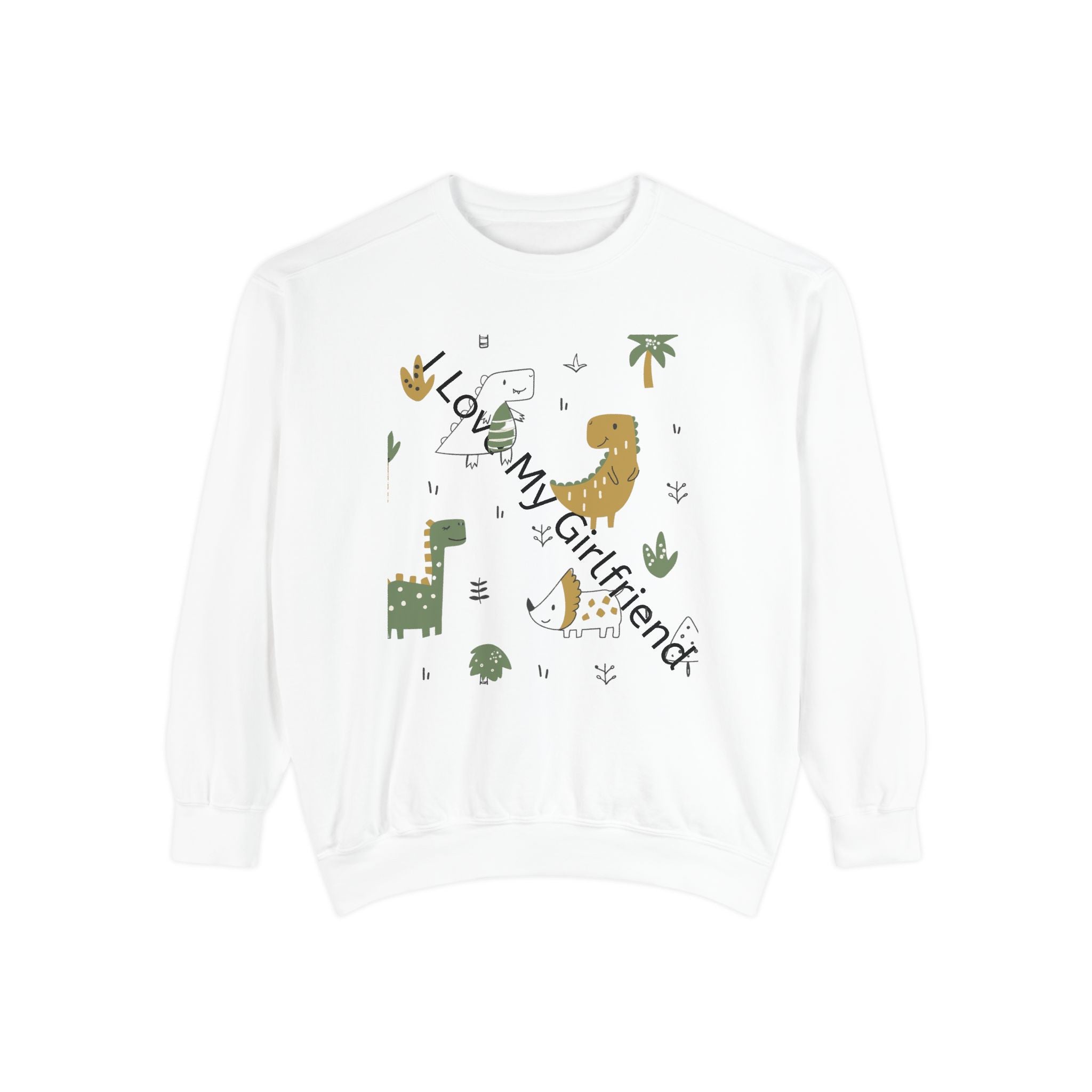 Dinosaur Couple Sweatshirt — 'My Girlfriend Is Beating Me' Cute Dino Graphic Crewneck