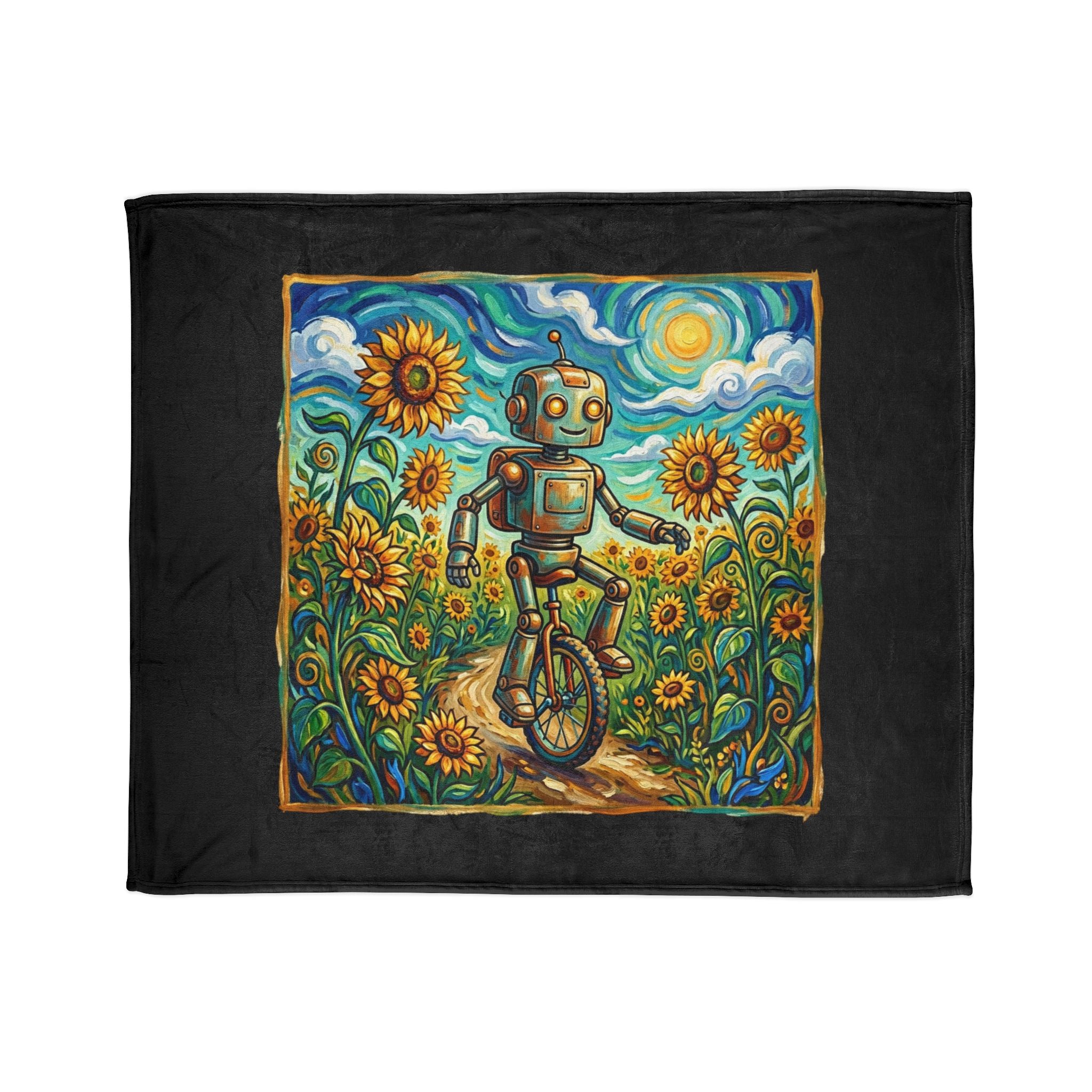 Robot Riding Unicycle Through Sunflowers - Soft Polyester Blanket