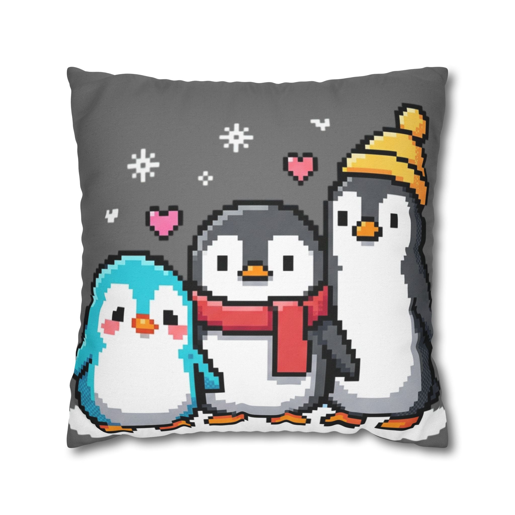 Cute Pixel Penguins Throw Pillow — Winter Holiday Penguin Family Decor