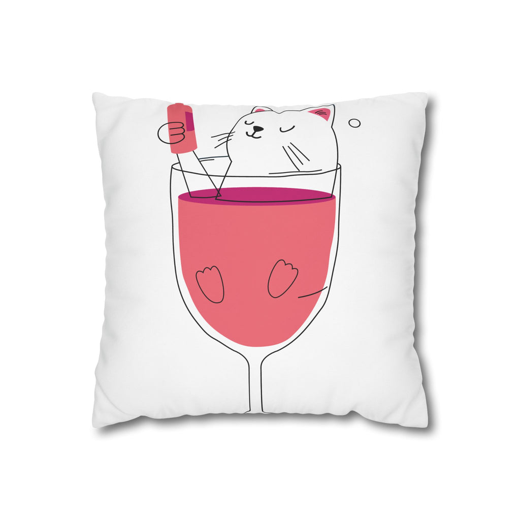 Cat in Wine Glass Square Pillowcase — Cute Kawaii Cat Wine Pillow Cover