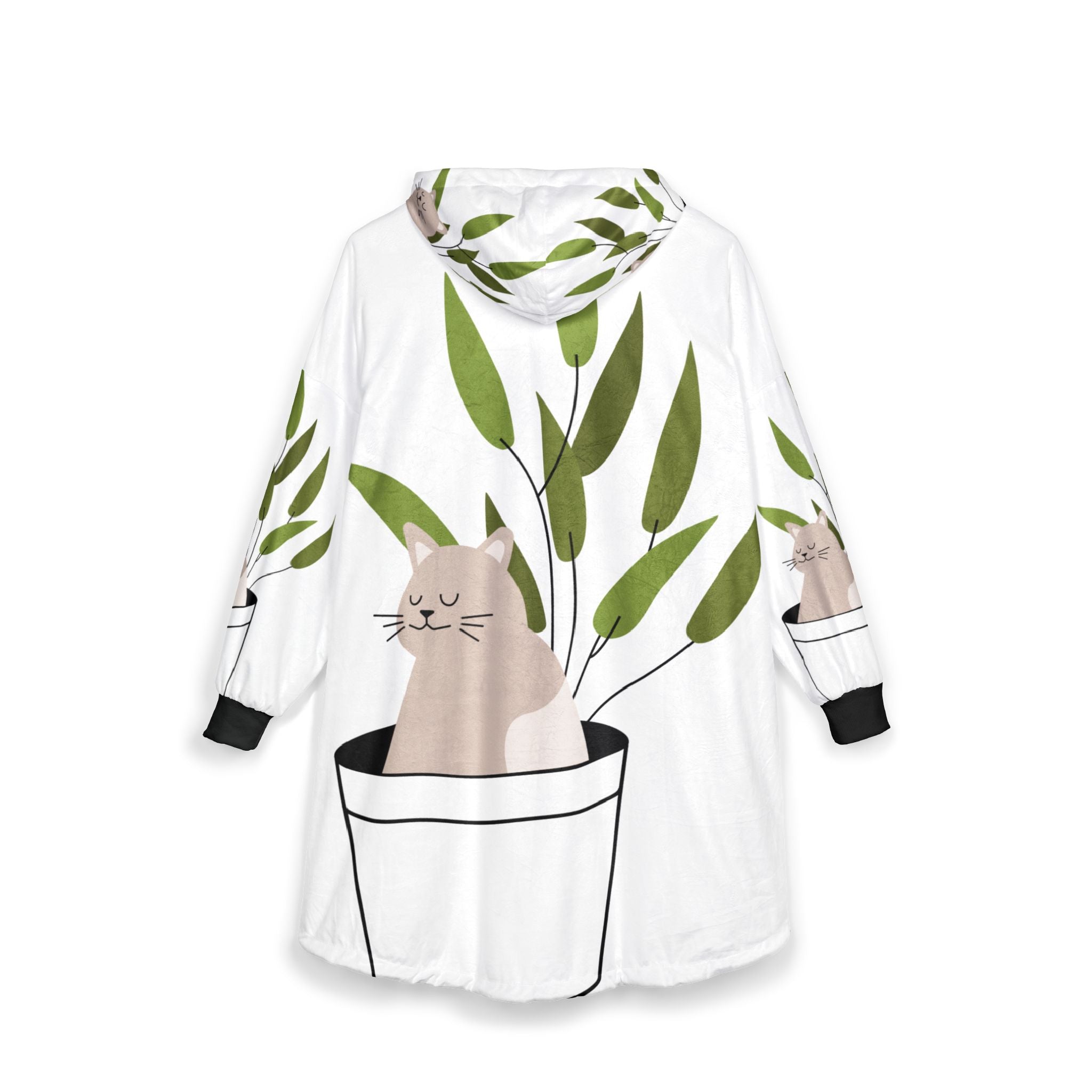 Cat in Plant Pot Hooded Blanket — Cozy Floral Cat Oversized Throw